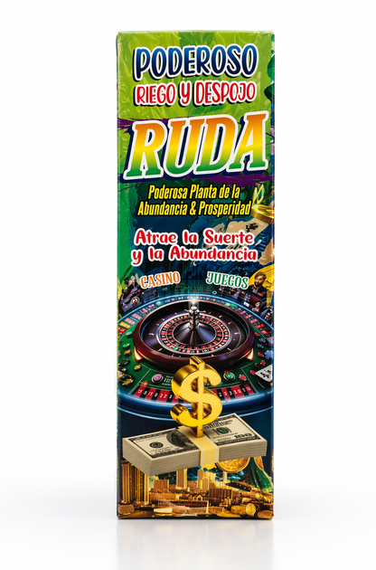 Product packaging with green background and colorful design elements, featuring text and images of a roulette wheel and money.