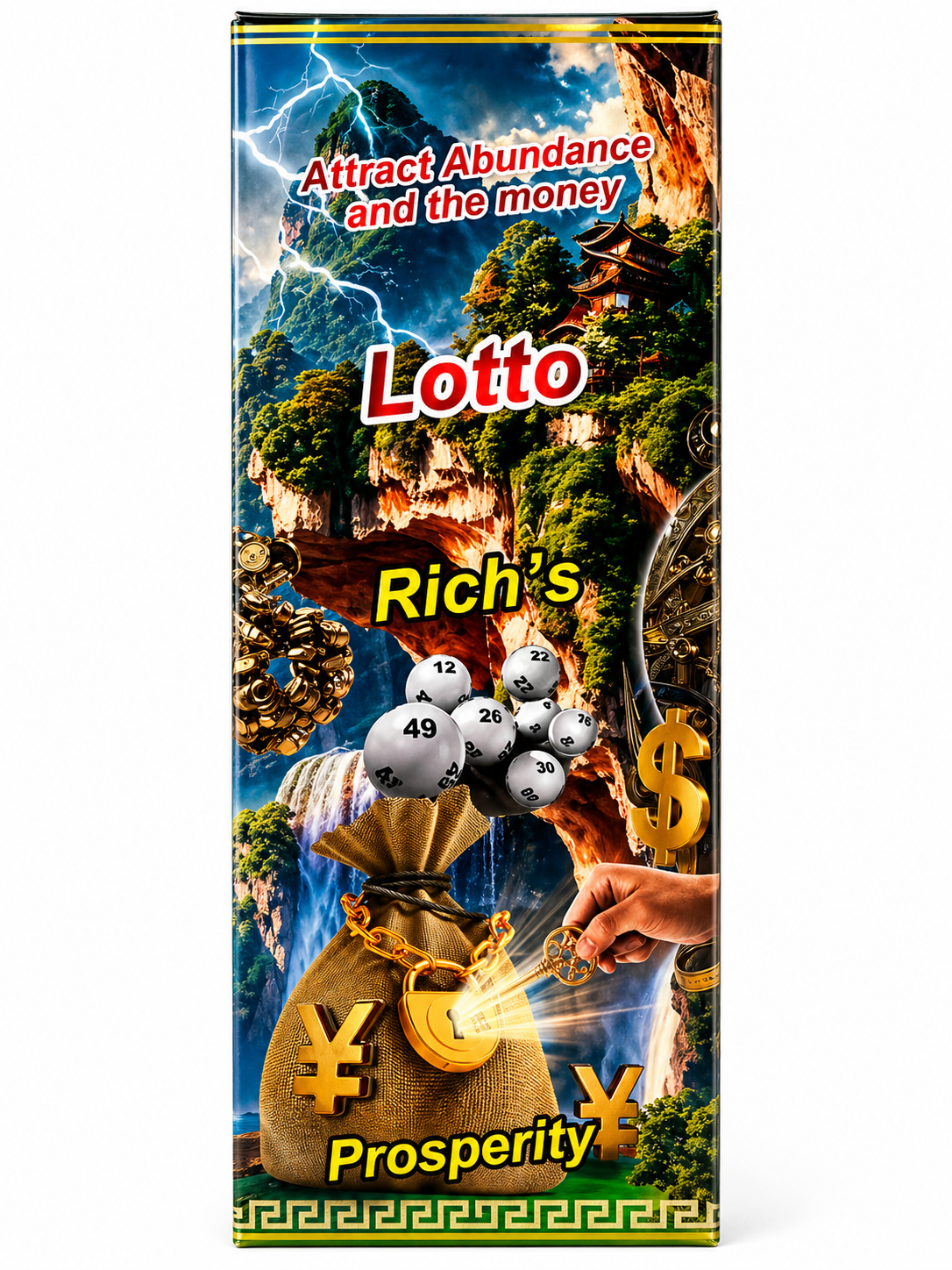 Lotto product packaging with scenic background and text about attracting abundance and money.