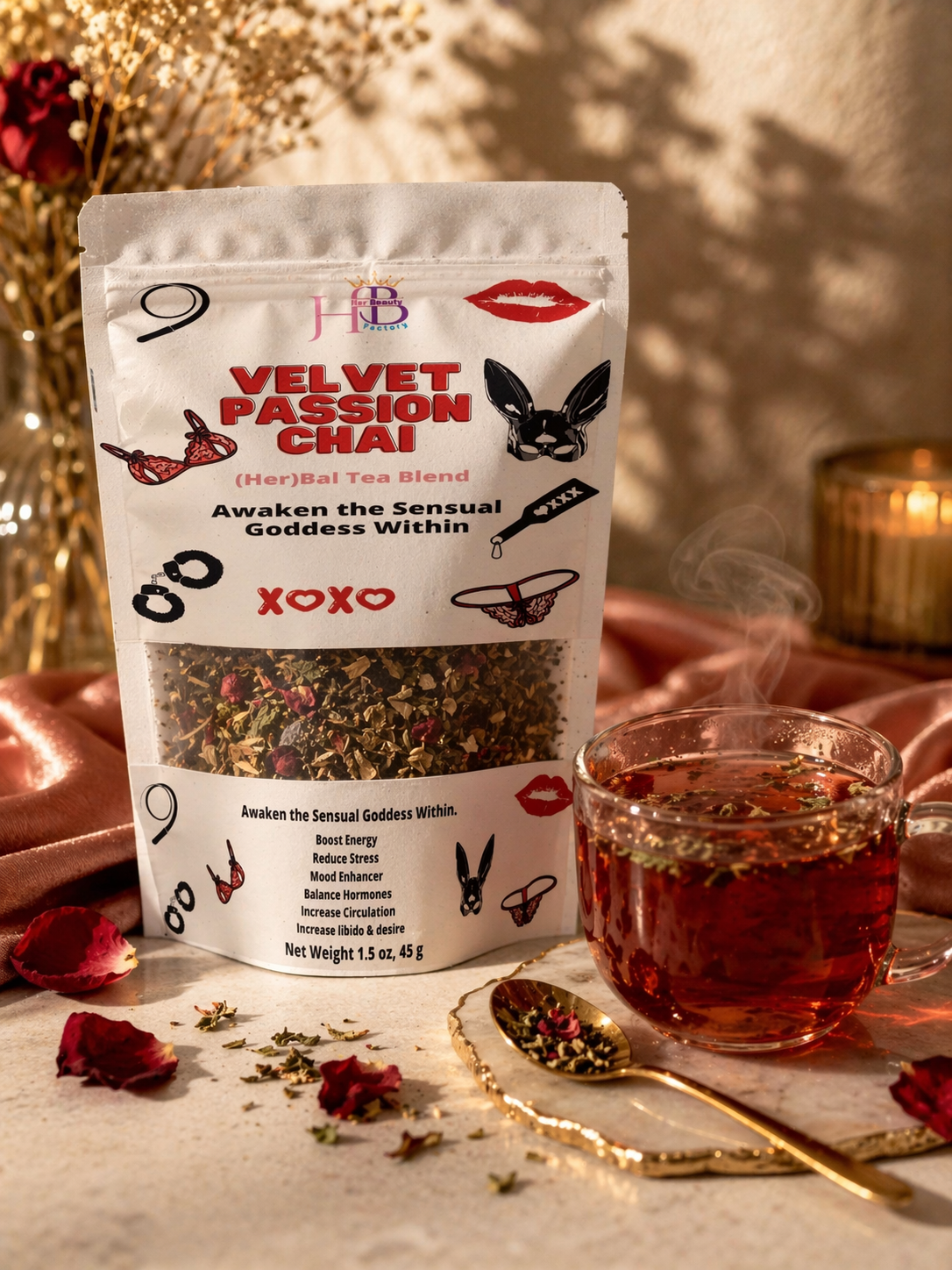 Tea package labeled 'Velvet Passion Chai' with a steaming cup of tea on a decorative surface.