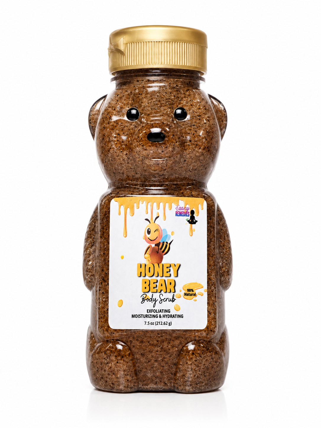 A bear-shaped plastic bottle of Honey Bear Body Scrub with a gold cap and a white label featuring a cartoon bee, shown on a white background.