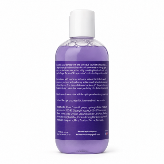 A bottle of purple body wash with a white cap, showing the back label with text, on a white background.