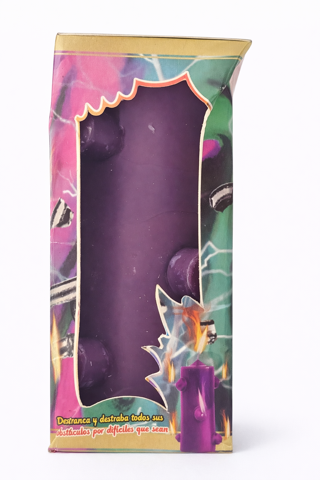 Colorful product packaging with a purple item inside on a white background