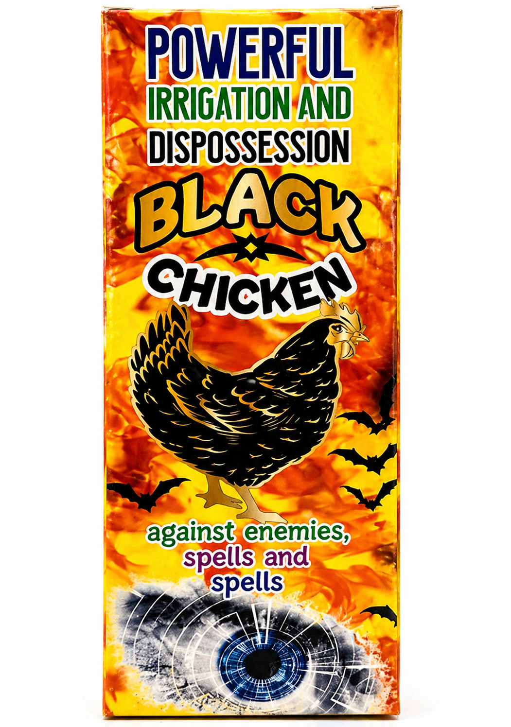 Box with a black chicken illustration and text about powerful irrigation, dispossession, and protection from enemies and spells.