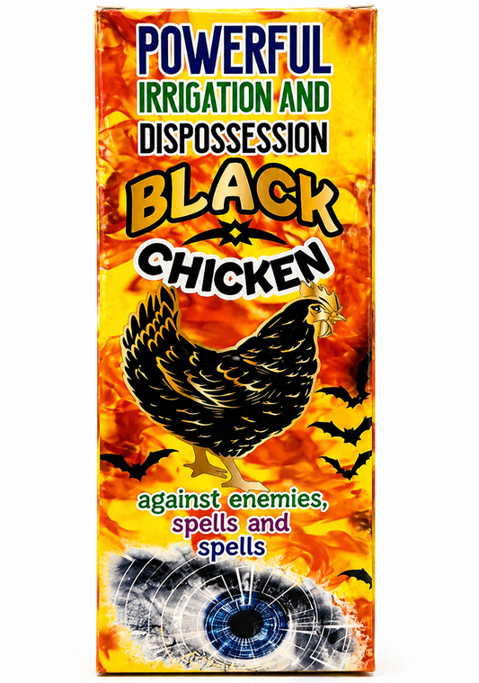 Box with a black chicken illustration and text about powerful irrigation, dispossession, and protection from enemies and spells.