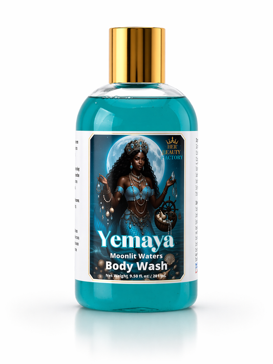 Yemaya Moonlit Waters Body Wash bottle with a gold cap on a white background