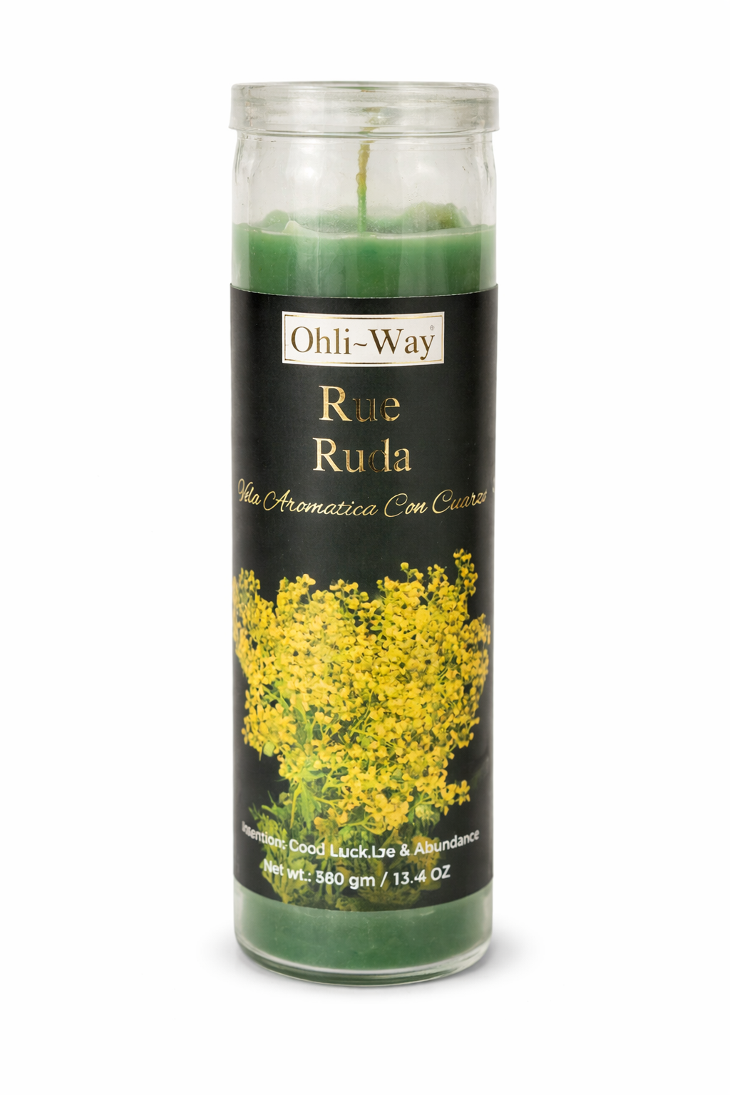 Green candle in a glass jar with a black label featuring yellow flowers and text on a white background