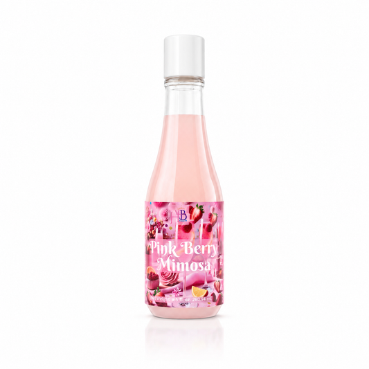 A bottle of Pink Berry Mimosa Body Wash with a white cap and a pink label featuring strawberry graphics, set against a plain white background.