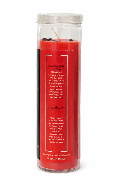 Red prayer candle in a glass jar with text on a white background