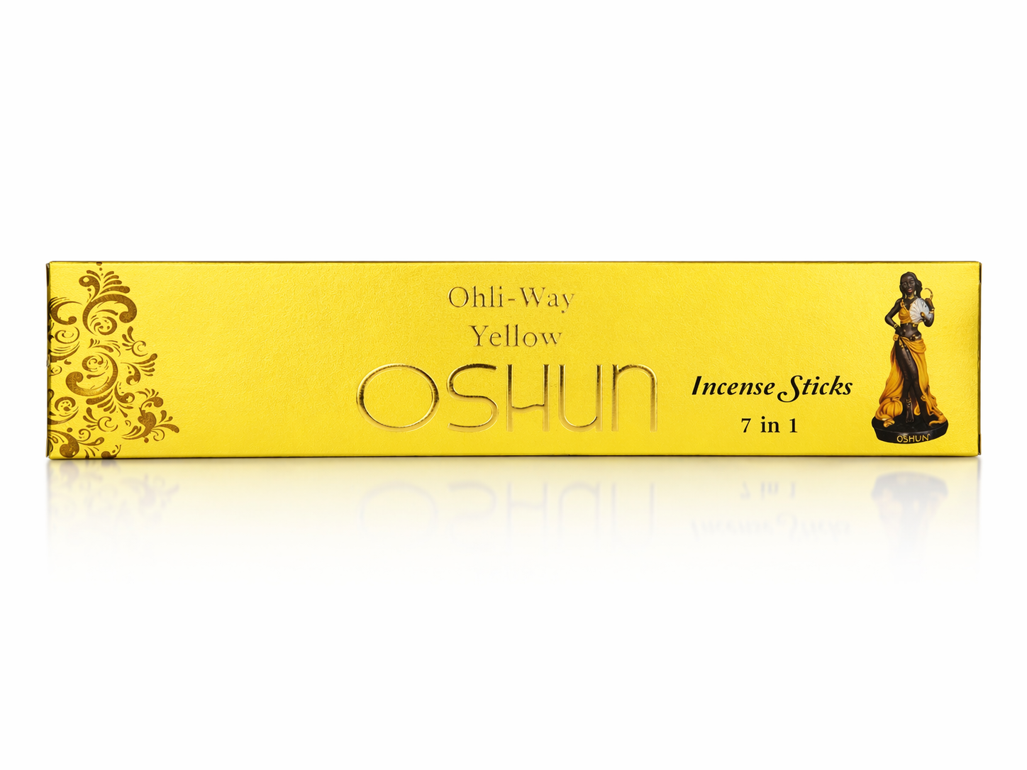 Yellow box of Oshun incense sticks with decorative design and text on a white background