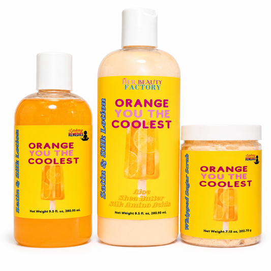 Three  cosmetics featuring an orange body wash in a clear bottle, a larger pump bottle of the same orange body lotio, and a jar of whipped body scrub, all with bright yellow labels and white caps.