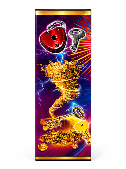 Decorative panel with keys, lock, and gold coins on a vibrant background