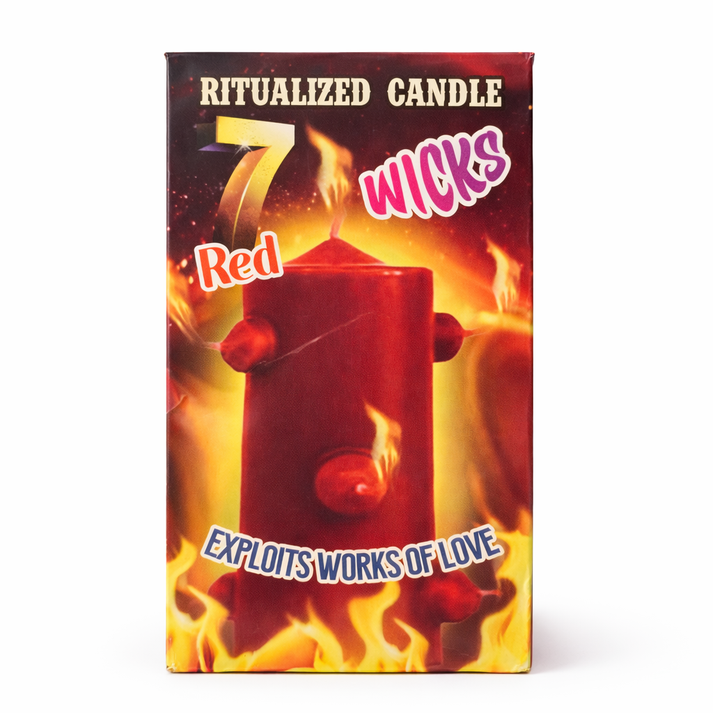 Box of ritualized candle with 7 wicks, red color, and fiery design.