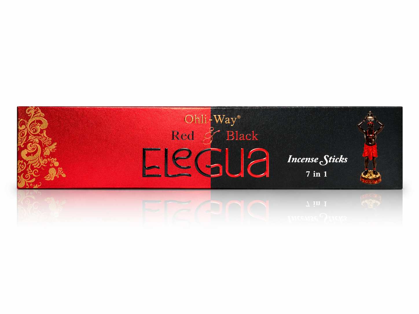 Box of Red Black Elegua incense sticks with decorative design on a white background