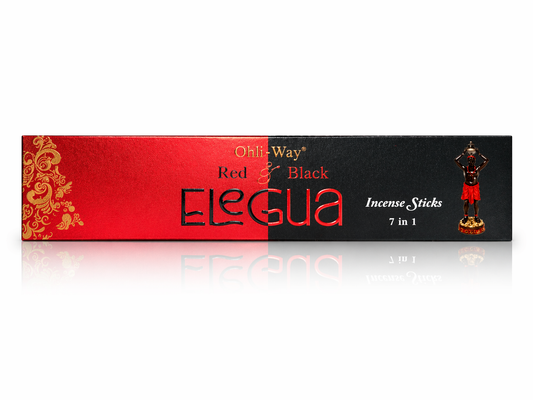 Box of Red Black Elegua incense sticks with decorative design on a white background