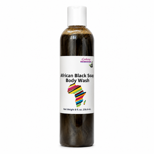 A bottle of African Black Soap Body Wash by Lakay Remedies, featuring a white cap and a white label with a colorful map graphic of Africa, set against a plain white background.