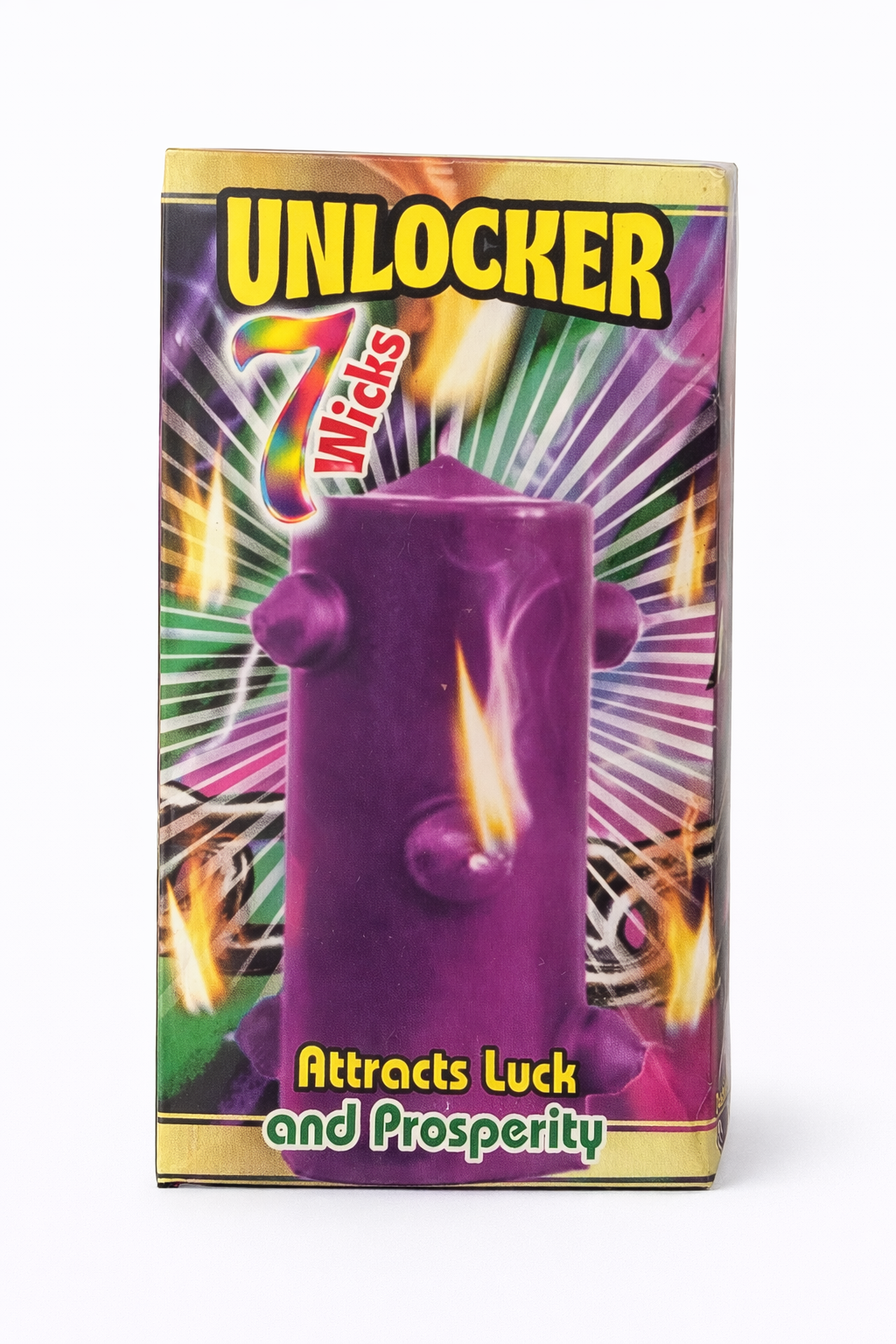 Purple candle with 'Unlocker 7 Wicks' packaging on a white background