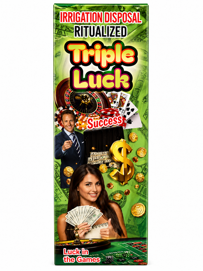 Product packaging with text 'Irrigation Disposal Ritualized Triple Luck Success' featuring a man and woman, money, and gambling elements.