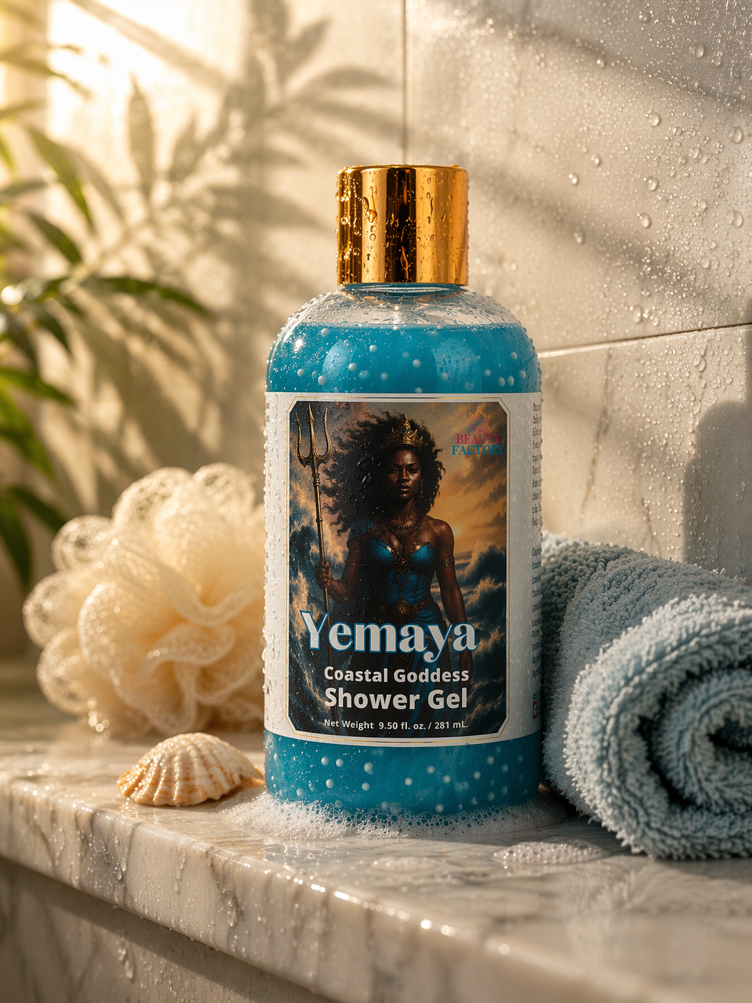 Bottle of Yemaya Coastal Goddess Shower Gel on a bathroom counter with a shell and towel in the background.