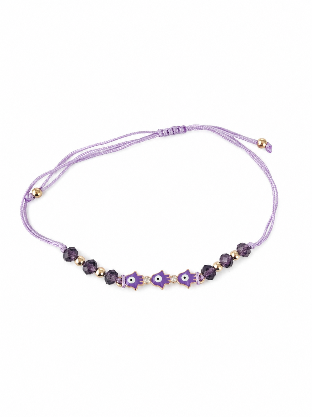 Purple beaded bracelet with hand of hasma and evil eye charms on a white background