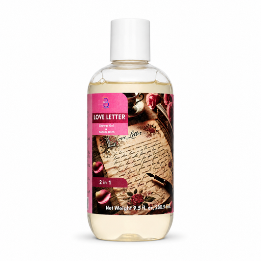 A clear plastic bottle of Love Letter 2 in 1 Body Wash with a white cap, featuring a vintage-style label with pink accents and script lettering.
