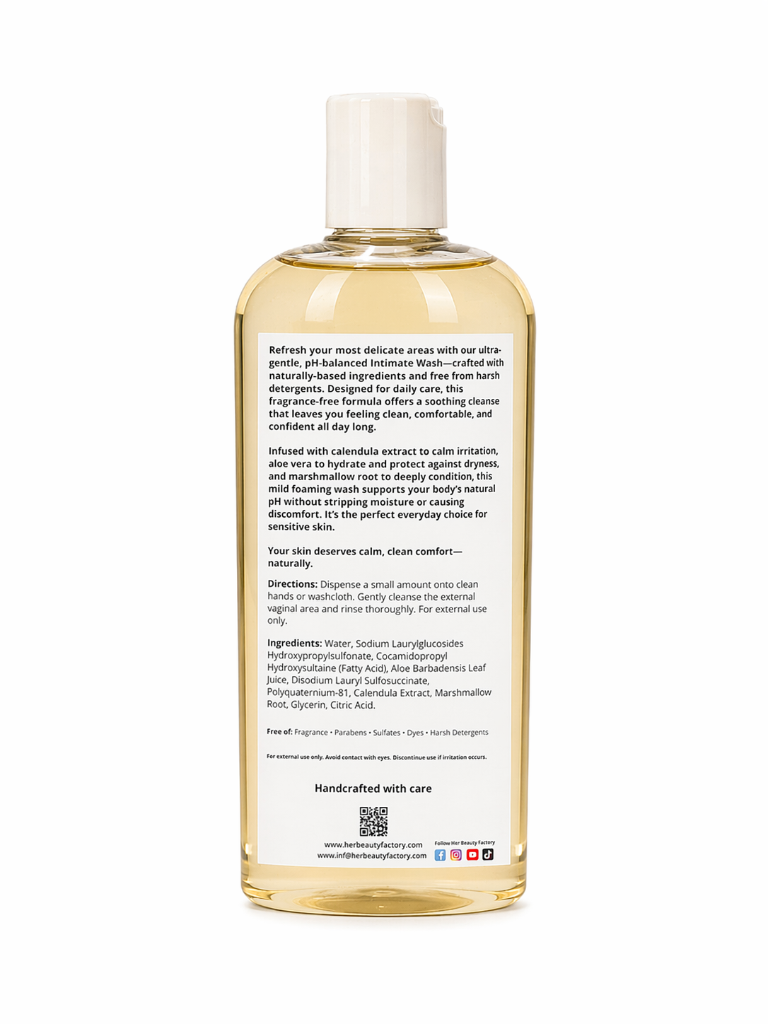 Bottle of intimate wash with label on a white background