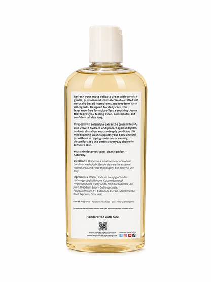 Bottle of intimate wash with label on a white background
