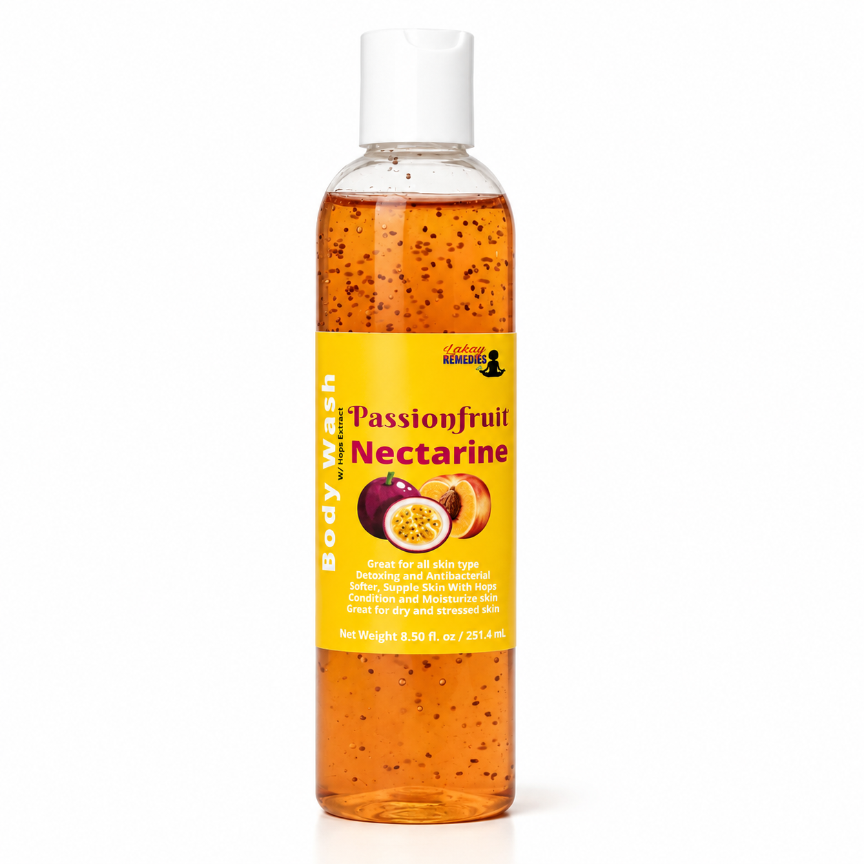A bottle of Passionfruit Nectarine body wash by The Body Works, featuring a yellow label and white cap, filled with orange liquid containing small dark fruit seeds, on a white background.
