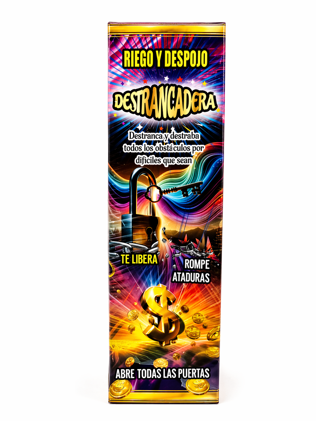 Colorful packaging with text and graphics on a white background