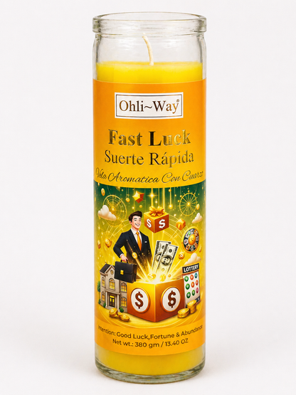Candle with 'Ohli-Way' branding and text on a white background