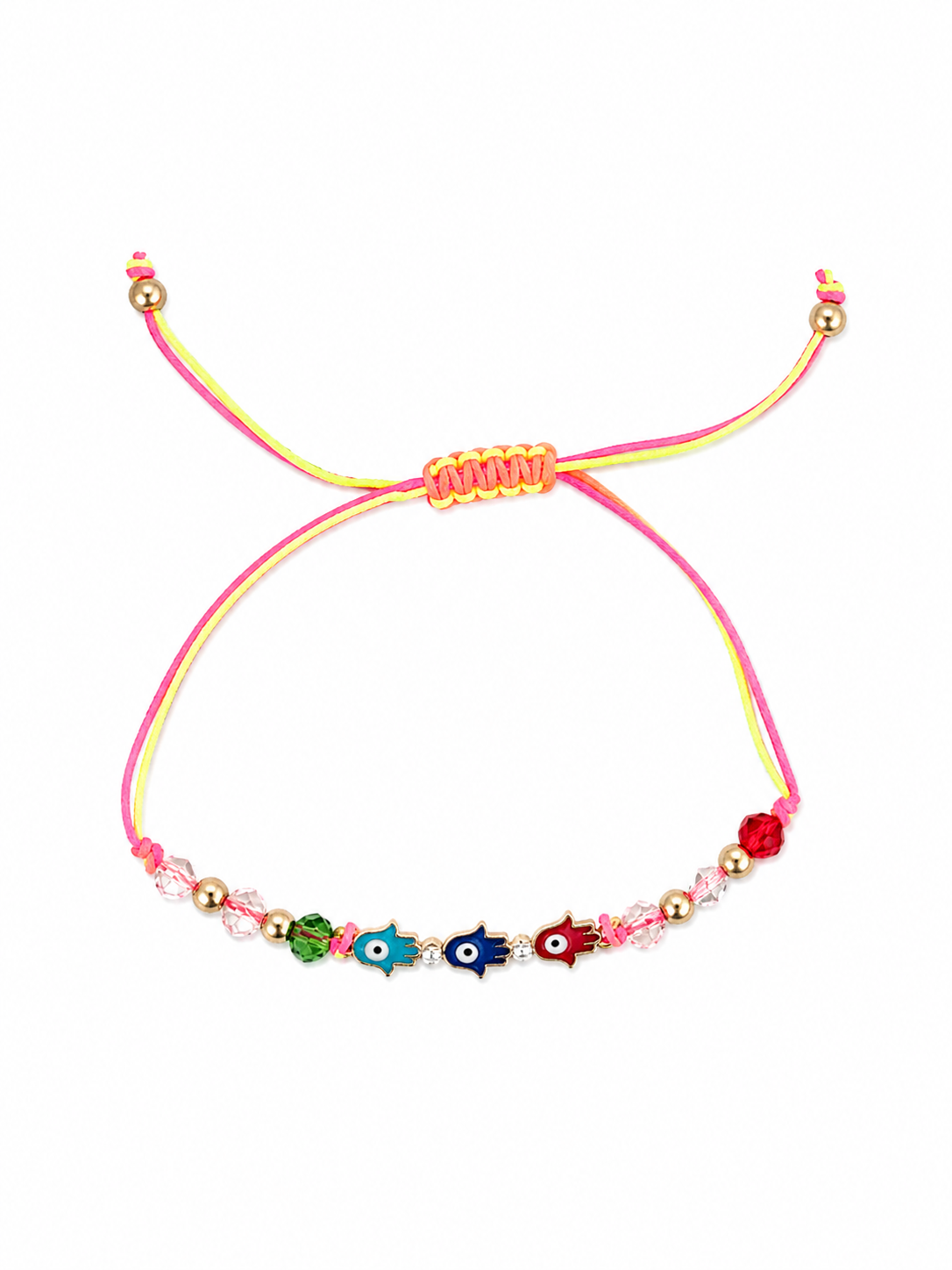 Colorful beaded bracelet with hasma Hand symbols on a white background