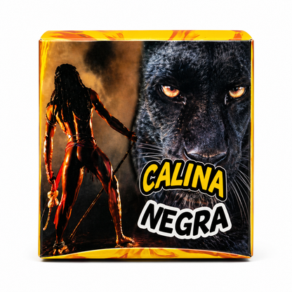 Product packaging with a black panther and warrior figure, featuring the text 'Calina Negra'.