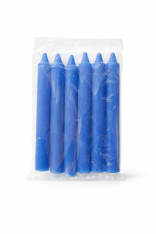 Pack of blue candles in clear plastic packaging on a white background