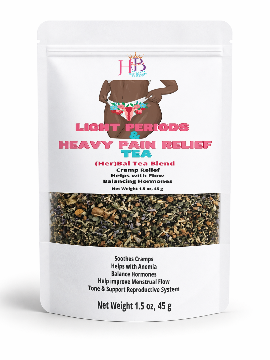 Tea blend packaging for light periods and heavy pain relief with visible tea leaves.