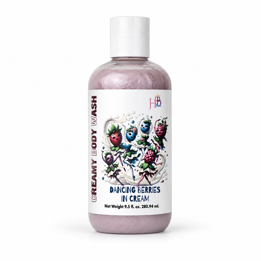 A bottle of Her Beauty Factory Creamy Body Wash in the 'Dancing Berries in Cream' scent, featuring a white label with colorful illustrations of berries and a white cap, set against a plain white background.