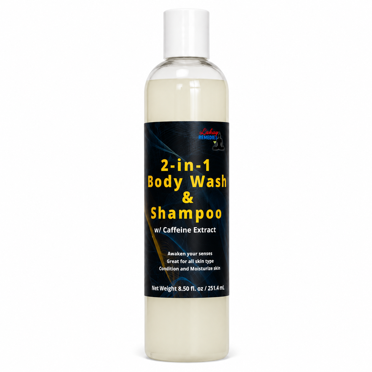 2 in 1 Body Wash & Shampoo bottle on white background. 