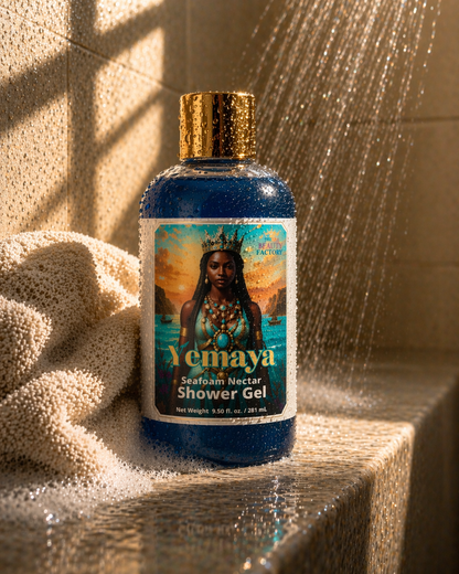 Ynmaa Seafoam Nectar Shower Gel bottle under a shower with water spraying.