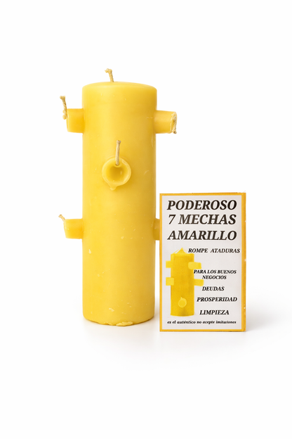 Yellow candle shaped like a fire hydrant with a label on a white background