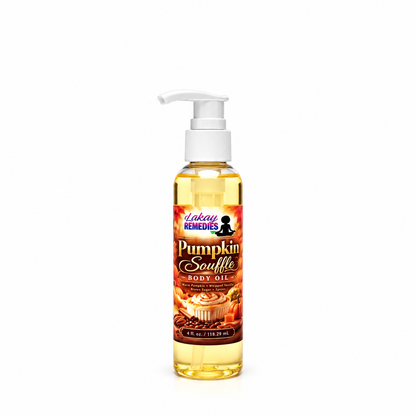 A bottle of Lakay Remedies Pumpkin Souffle Body Oil with a white pump dispenser, filled with golden yellow oil, set against a plain white background.