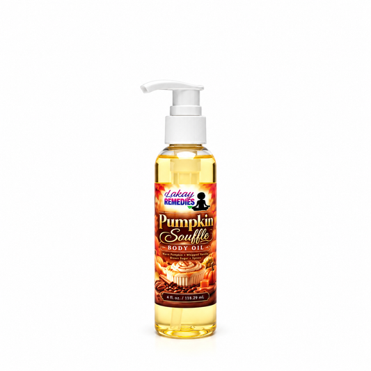 A bottle of Lakay Remedies Pumpkin Souffle Body Oil with a white pump dispenser, filled with golden yellow oil, set against a plain white background.