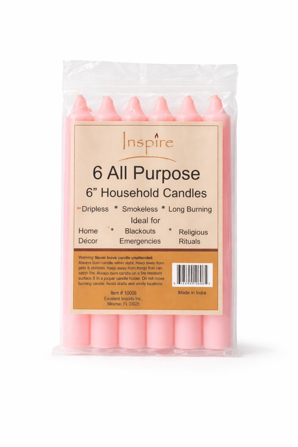 Pack of 6 pink all-purpose household candles with packaging on a white background