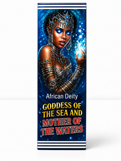 Product packaging with an African Deity design, featuring a woman with blue eyes and jewelry, on a white background.