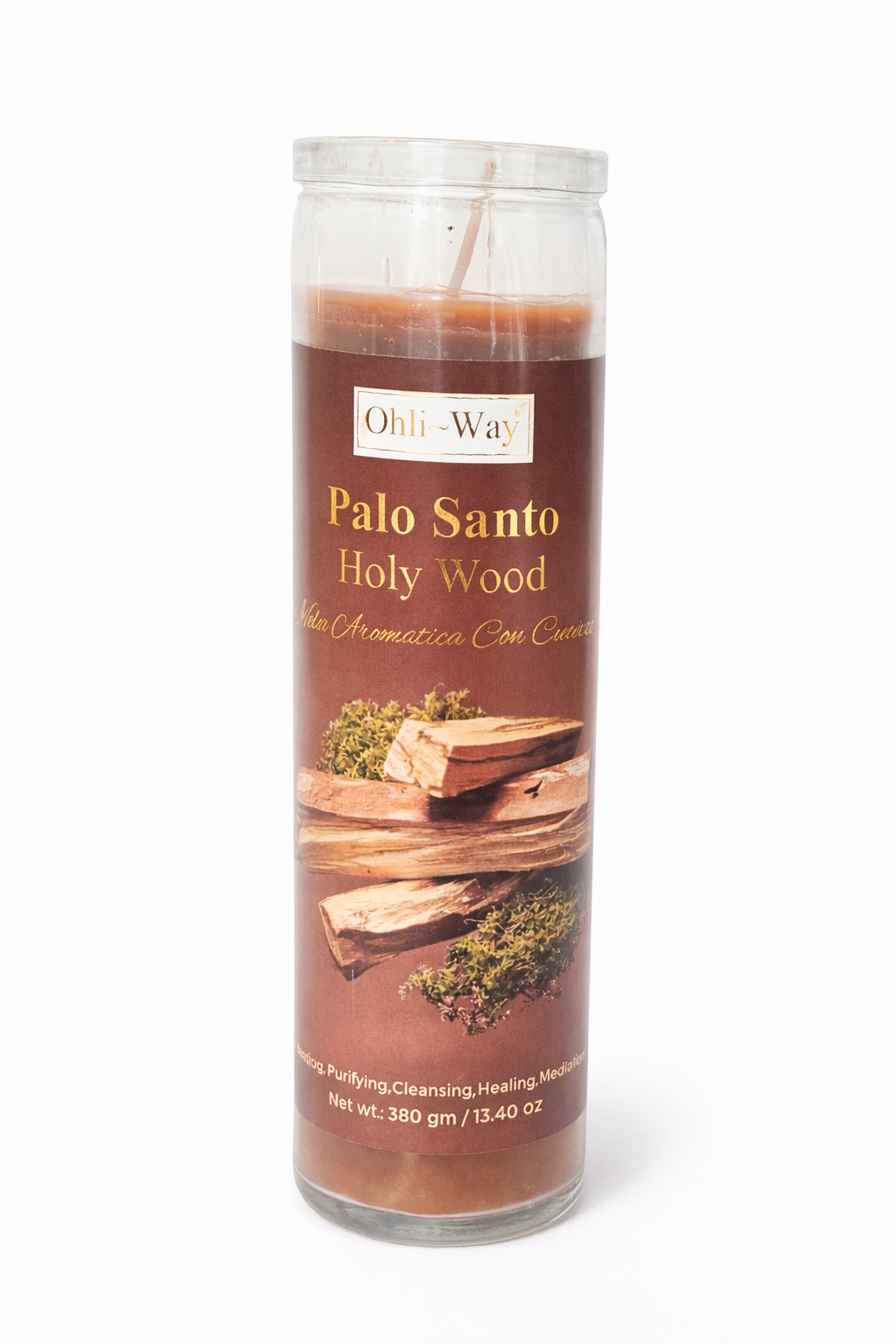 Palo Santo candle with label on a white background