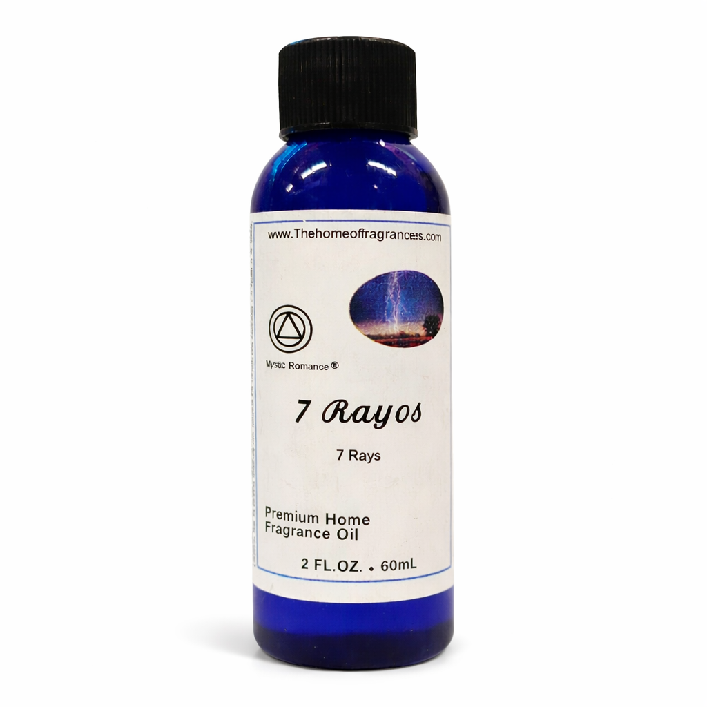 Bottle of 7 Rayos premium home fragrance oil with a blue label on a white background