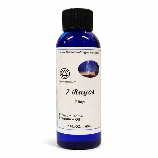 Bottle of 7 Rayos premium home fragrance oil with a blue label on a white background