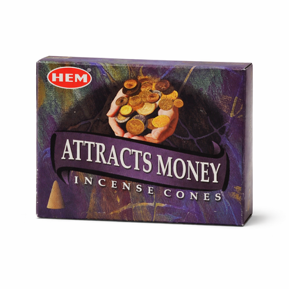 HEM incense cones packaging with money-themed design on a white background