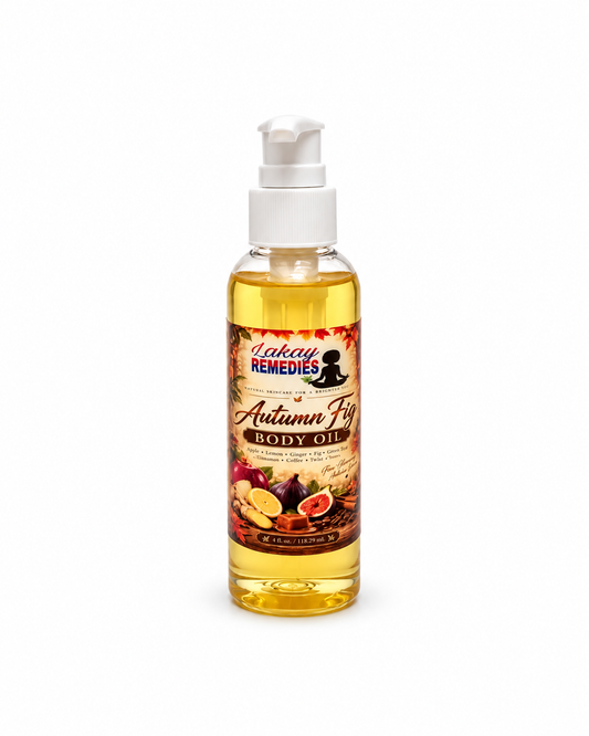A bottle of Lekay Remedies Autumn Fig  Body Oil with a white pump dispenser, containing golden yellow oil, set against a plain white background.