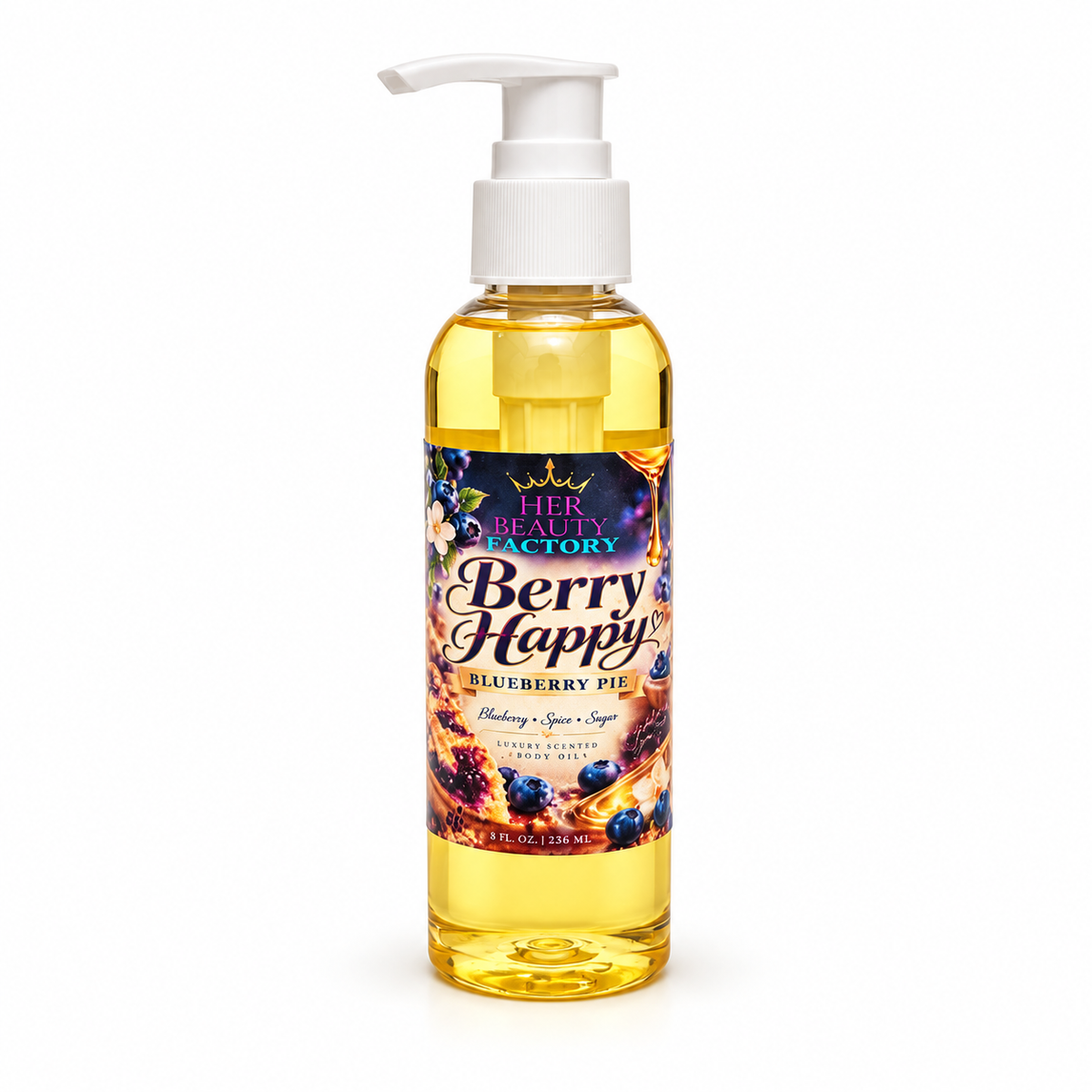 A bottle of Her Beauty Factory Berry Happy Blueberry Pie body wash with a white pump dispenser, filled with yellow liquid, on a white background.
