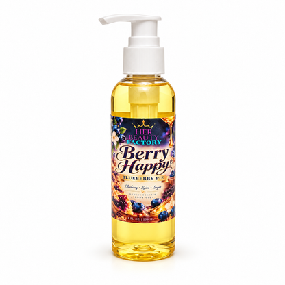 A bottle of Her Beauty Factory Berry Happy Blueberry Pie body wash with a white pump dispenser, filled with yellow liquid, on a white background.