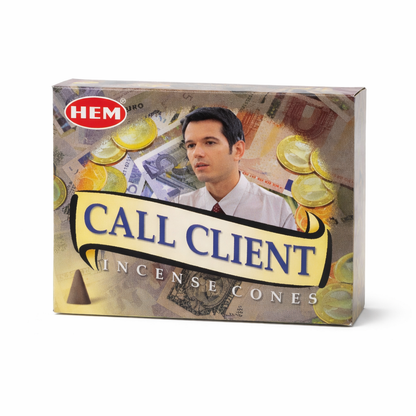 Box of HEM Call Client Incense Cones with a person and money design on the packaging.