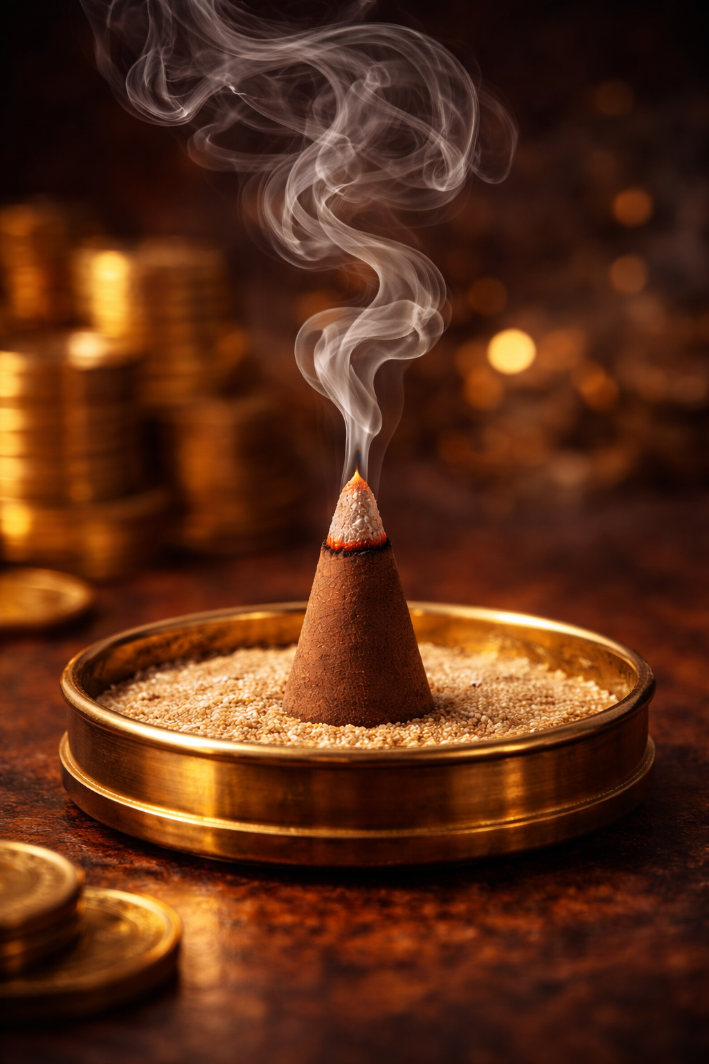 Incense cone burning on a metallic dish with coins and blurred lights in the background